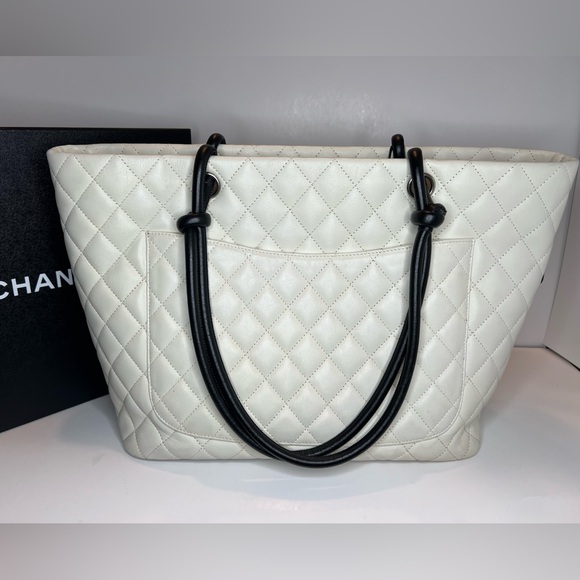 Chanel Cambon Tote Shoulder Bag Handbag White/Black Quilted Lambskin Leather - Picture 2 of 8